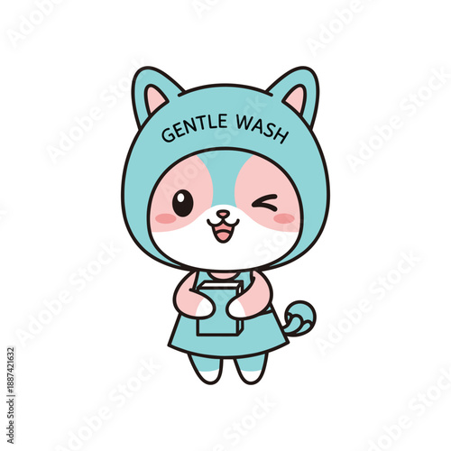 Cute cartoon cat character with gentle wash message