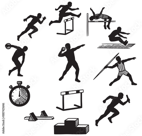 Silhouettes of athletes performing various track and field events including running, jumping, and throwing, with sports equipment.