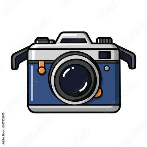 A cartoon-style illustration of a blue and grey camera