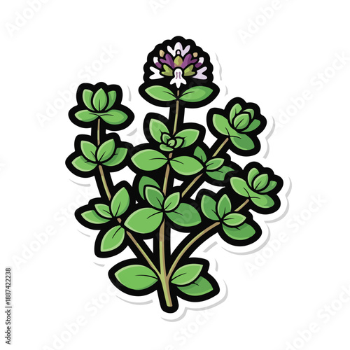A cartoon-style illustration of a flowering plant with green leaves