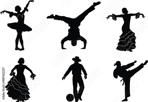 Dance and sports silhouette figures collection, ballet dancer, flamenco performer, breakdance move, soccer player, martial arts kick black vector illustration set