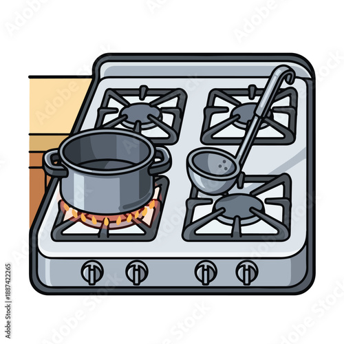 A cartoon-style illustration of a gas stove with pots