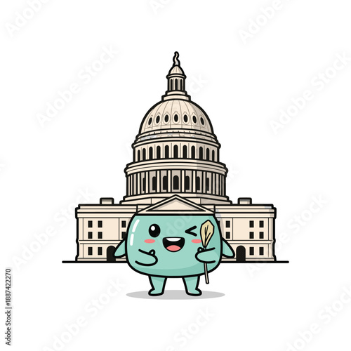 Cartoon character holding quill pen in front of capitol building
