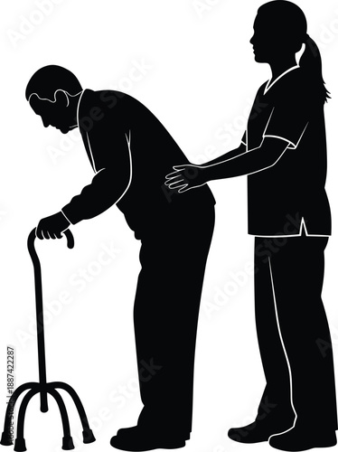 Silhouette of a female caregiver assisting an elderly man using a quad cane walking stick for mobility support and geriatric physical therapy,