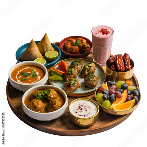 Assorted Ramadan food on wooden platter with fruit and drink