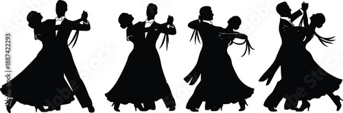 Elegant ballroom dance couples silhouette, classic waltz and tango partners in motion, romantic evening performance, vintage style black vector illustration