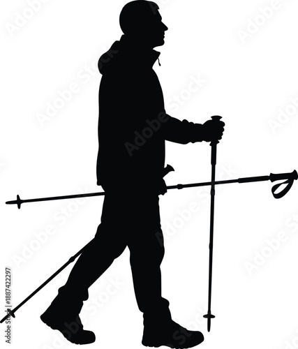 Silhouette of a man nordic walking with trekking poles in outdoor gear, side view vector illustration for hiking, fitness, and active lifestyle,