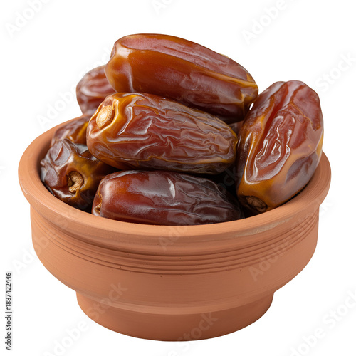 dates in a clay bowl on white background