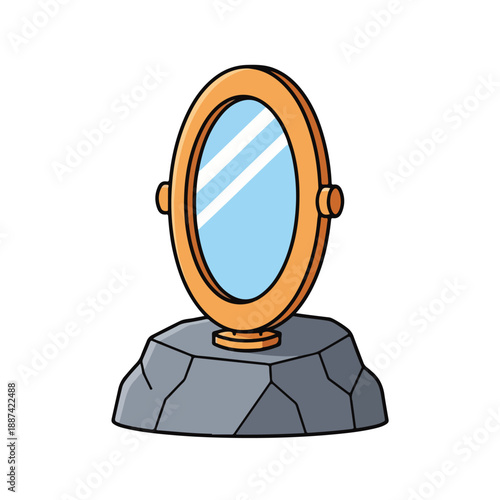A cartoon-style illustration of a porthole mirror on a stone base