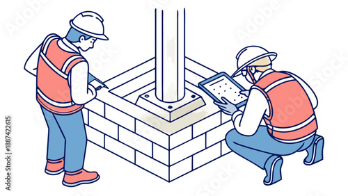 Two surveyors measuring and inspecting square pillar base with tablet at construction site in a hard hats and safety vests, one standing and one kneeling, measuring and inspecting a square concrete