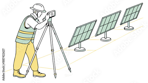 Line art illustration of a surveyor using a total station on a tripod to measure a solar farm with three solar panels, 