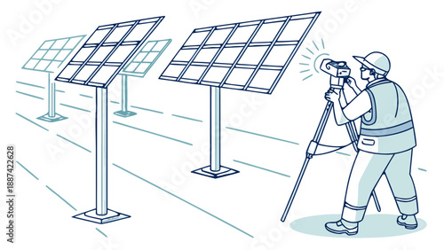 A surveyor uses a smart pole to mark points in a solar field, 