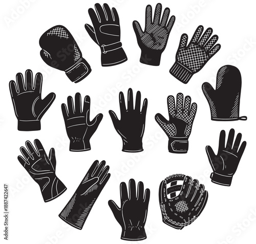 A diverse collection of black and white hand-drawn gloves and mittens for various purposes arranged in a circular pattern.