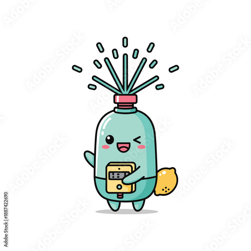 Cartoon insect repellent spray bottle character holding a credit card machine