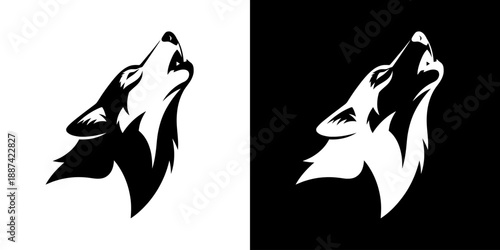 Black and white wolf head silhouettes howling against contrasting backgrounds.