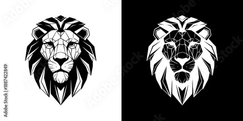 Black and white lion head illustrations on split white and black backgrounds.