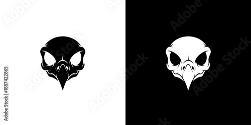 Black and white illustrations of a bird skull on contrasting backgrounds.