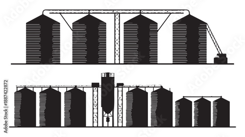 Black and white illustration of an industrial grain silo complex, featuring multiple towering storage units and conveyor systems vital for modern agricultural bulk material handling