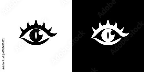 Monochrome illustration of a stylized eye with eyelashes on white and black backgrounds.