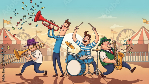 Cartoon Band Performing at Carnival with Trumpet, Drums, and Saxophone