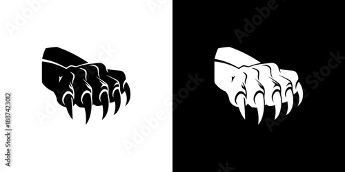 Black and white graphic illustrations of claw hands on contrasting backgrounds