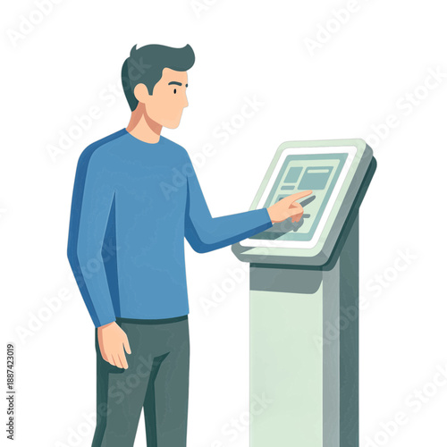 Young man using a touchscreen kiosk interface.