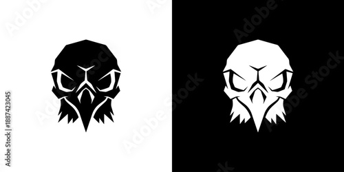 Black and white graphic illustrations of two bird-like creature heads on contrasting