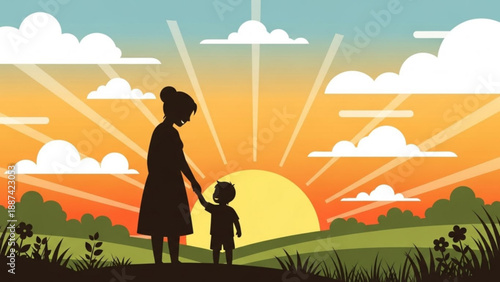 Mother Holding Childs Hand during Sunset in Green Field