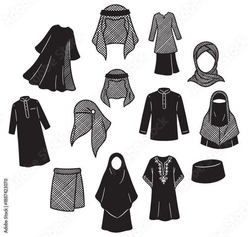 Collection of traditional Islamic clothing and headwear for men and women, hand-drawn illustration.