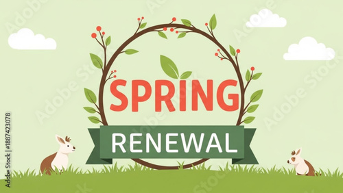 Spring Renewal Illustration with Rabbits and Flowers