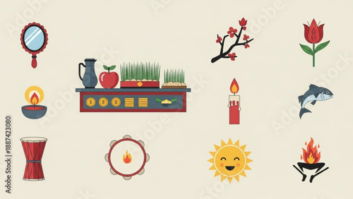 Collection of Flat Design Icons Featuring Nature and Objects