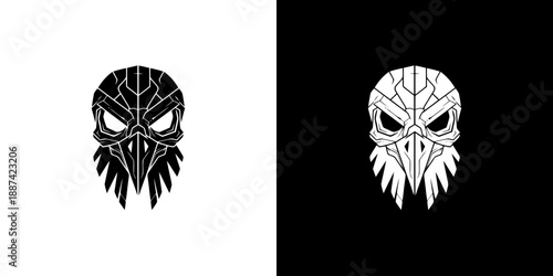 Two stylized skull illustrations with intricate designs on white and black backgrounds.