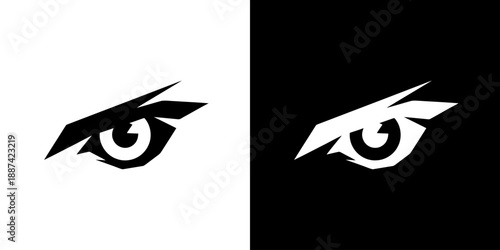 Black and white graphic illustration of two stylized eyes on split color background