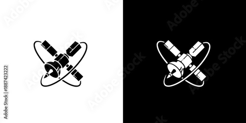 Black and white satellite icons on white and black backgrounds.