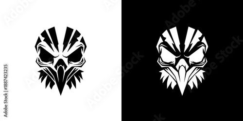 Black and white stencil artwork of two identical bird-like masks on contrasting