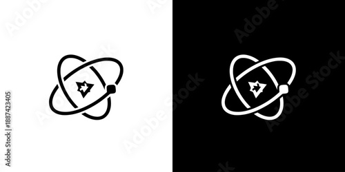 Two atom logos with a triangle inside on white and black backgrounds