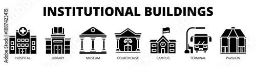 Institutional Buildings web banner icon vector illustration concept with icons of hospital, library, museum, courthouse, campus, terminal, and pavilion.