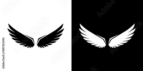 Black and white wing graphics on contrasting backgrounds.