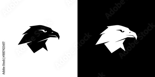 Black and white eagle head logos on split contrasting backgrounds