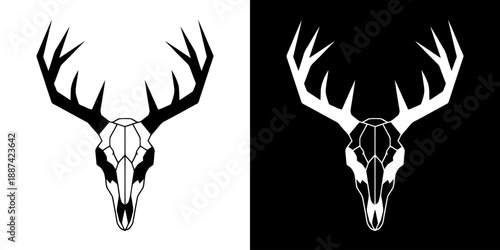 Two deer skulls with antlers in black and white geometric patterns on contrasting