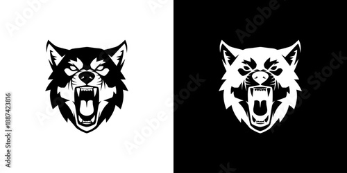 Black and white wolf head logos on split white and black backgrounds.