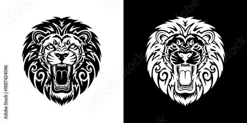 Black and white illustrations of a lion's head with tribal patterns on white and black
