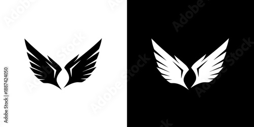 Graphic illustration of two wing logos in black and white on contrasting backgrounds.