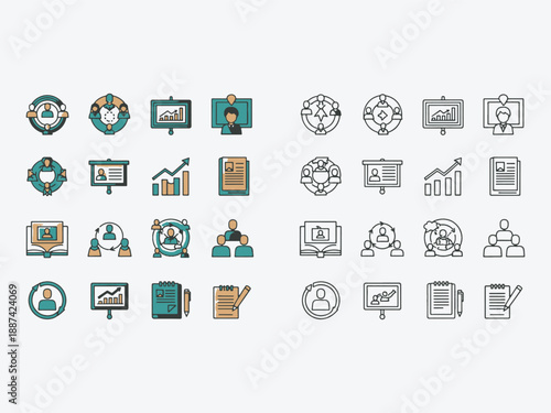 A collection of business presentation and organizational icons displayed in both filled and outline styles isolated on a white background.