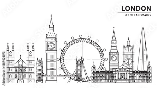 Iconic London Skyline A Black and White Line Art Illustration of Famous Landmarks
