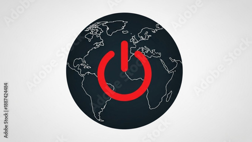 Power Button on World Map, Global Shutdown, Dark Blue Globe with Red Power Symbol and Isolated on White Background
