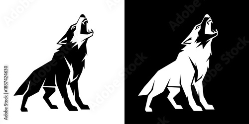 Black and white silhouettes of a howling wolf on contrasting backgrounds.