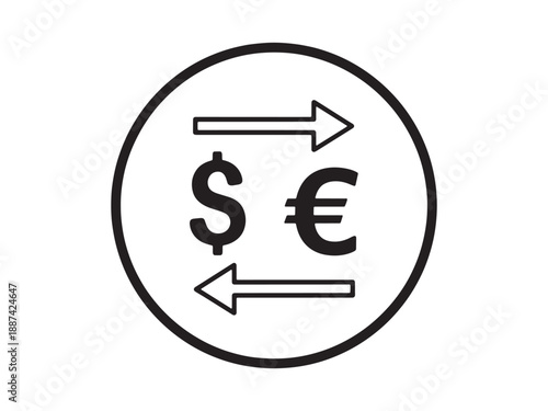 Currency exchange icon showing dollar and euro symbols with opposing arrows isolated on a white background for finance.