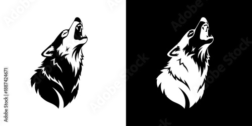 Black and white wolf head illustrations on contrasting backgrounds.