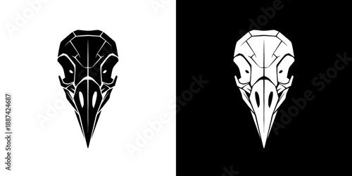 Two stylized bird skull illustrations in black and white on contrasting backgrounds